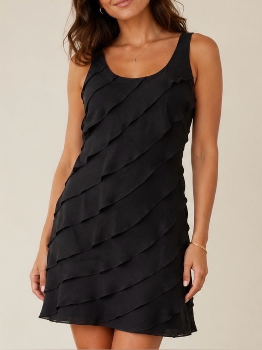 Steps Black Tiered Ruffle Sleeveless Shift Cocktail, Party Dress Size 6